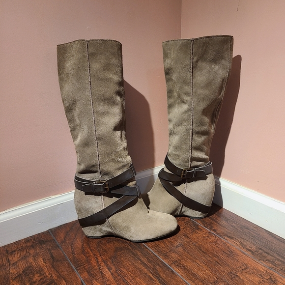 Franco Sarto Shoes - Franco Sarto Maven Taupe suede wedge boots